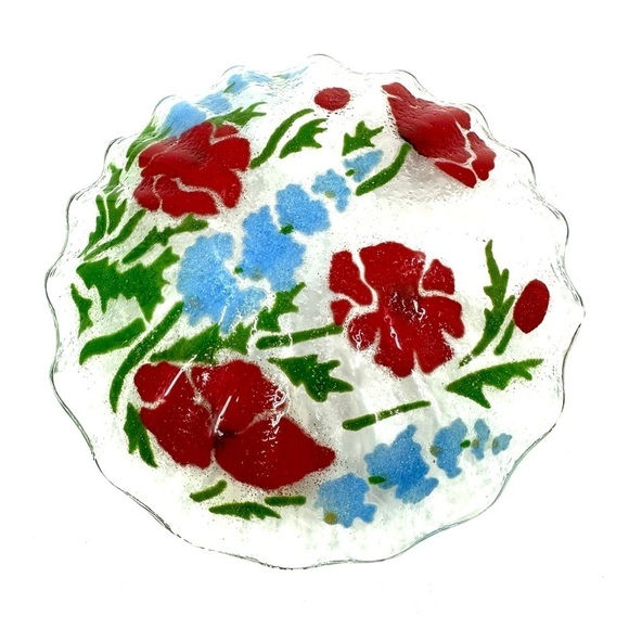 Fused Glass Plate Red Poppy Blue Delphinium Floral Scalloped Edge Botanical Art - Picture 5 of 7
